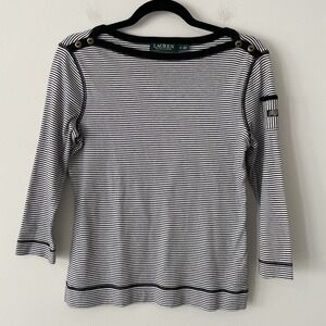 Ralph Lauren Black White Striped Boat Neck Top Sz M Stretch Minimalist Logo